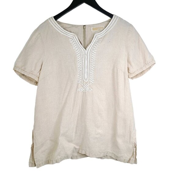 Michael Kors Tan Beige Embroidered 100% Linen V Neck Tunic Top - Picture 1 of 11